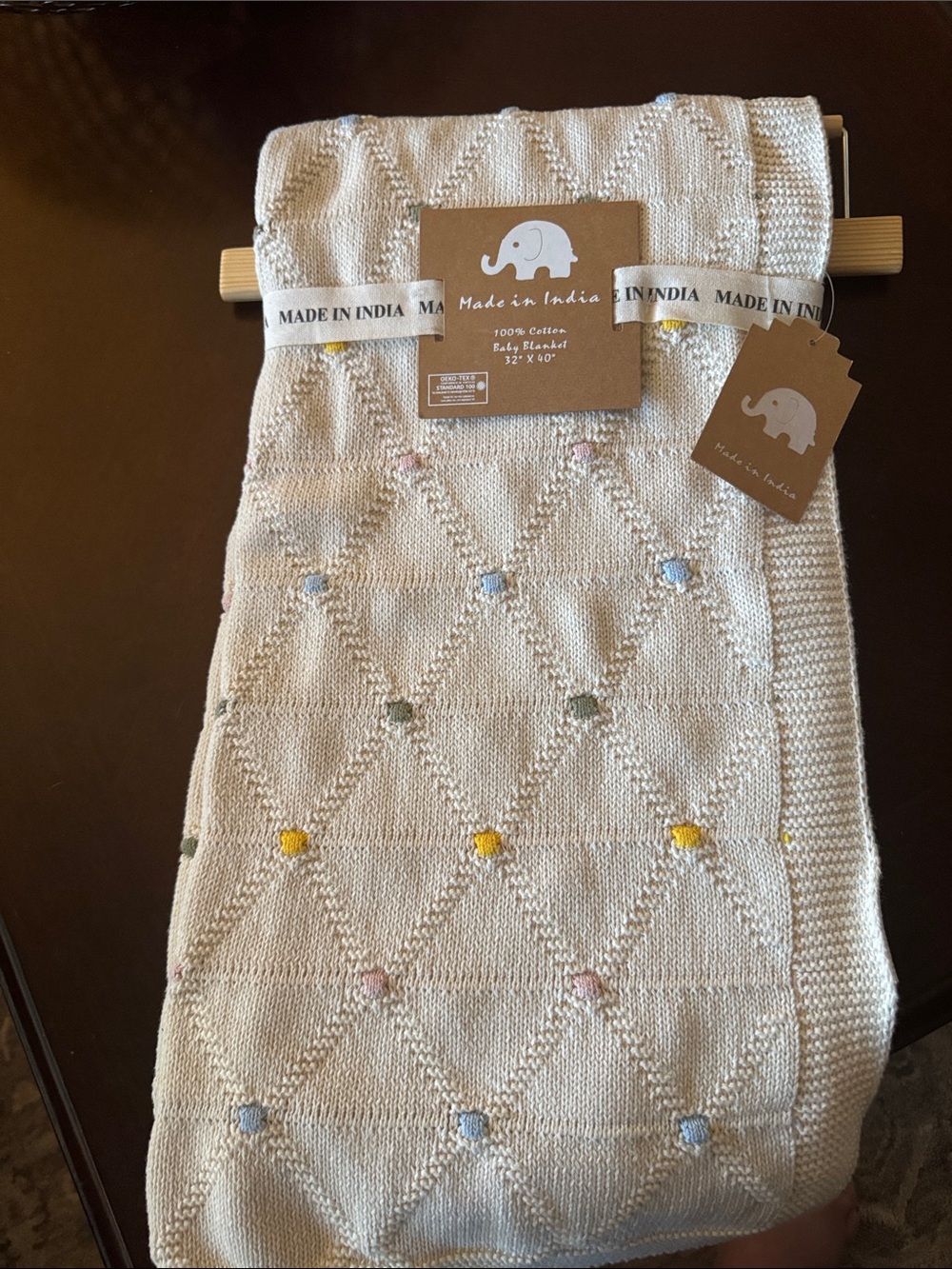Made in India Cream Knit Baby Blanket with Colorful Dots